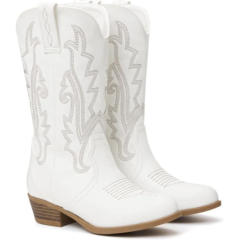 ⚡Girls White Kids Western Boots Embroidered Cowgirl Boots Riding Shoes Mid Calf